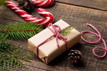 New Year and Christmas gifts under a tree. Winter holidays concept.