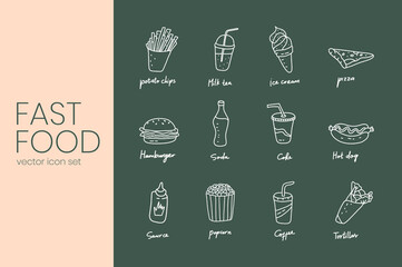 Stroke fast food vector icon set. Food and cooking packs. Minimalism vector symbols, line icons in hand-drawn doodle illustration style for mobile and desktop screens design. Isolated background