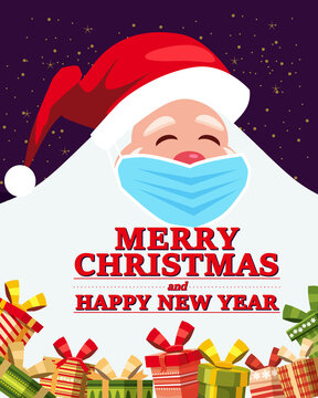 Santa Claus Big And Funny With Medical Surgery Face Mask With Gifts Boxes. Safe Holidays During Pandemic COVID. Greeting Card Merry Christmas And Happy New Year Poster Banner Vector Illustration