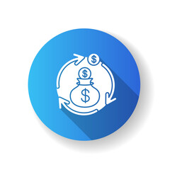 Revenue synergy blue flat design long shadow glyph icon. Accounting process. Flow of income. Business investment. Profit from financial operation. Silhouette RGB color illustration