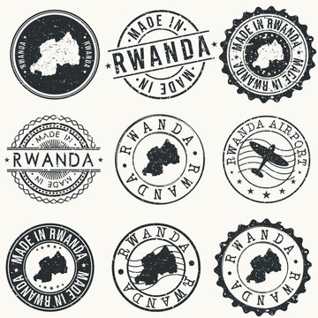 Rwanda Set of Stamps. Travel Stamp. Made In Product. Design Seals Old Style Insignia.