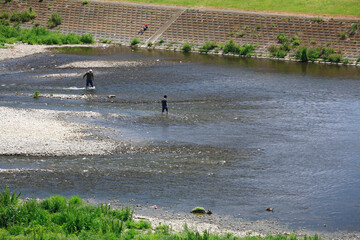 多摩川で遊ぶ親子