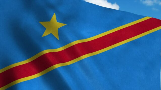 National flag Democratic Republic of the Congo, blue sky background. 4K