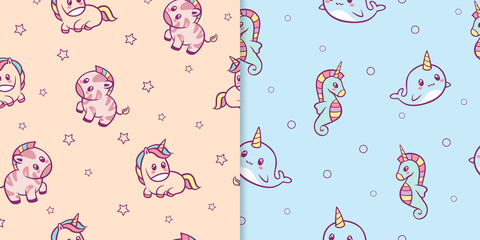 Kawaii anime animals seamless pattern. Cute zebras with red spots and rainbow mane small pink funny unicorn with yellow green fur smiling narwhal and blue seahorse with horn multicolor vector. © Богдан Скрипник