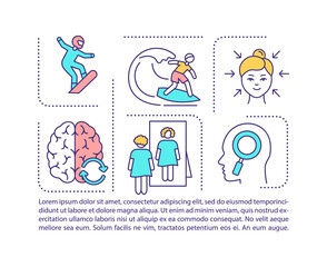 Fototapeta premium Physical and mental health concept icon with text. Self care. Balanced lifestyle. Sport activities. PPT page vector template. Brochure, magazine, booklet design element with linear illustrations
