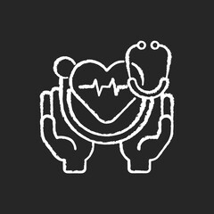 Health care chalk white icon on black background. Medical social services. Healthcare system. Preventing and managing disease. Emergency medical aid. Isolated vector chalkboard illustration