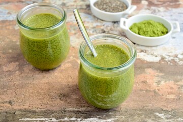 Matcha green tea chia seed pudding in jars