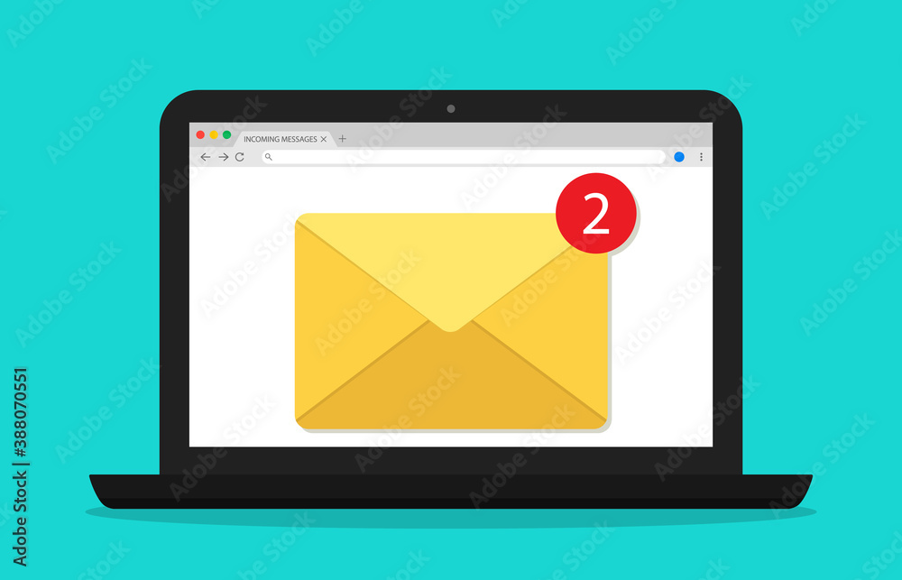 Poster mail in computer. email window in laptop screen. newsletter with alert. icon of message and notifica