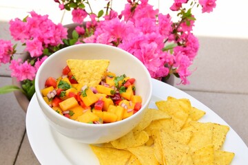 Mango salsa with tortilla chips with azalea flower at the background