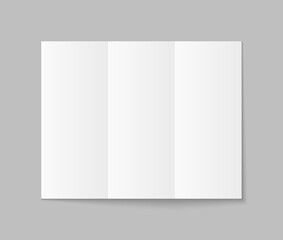 Brochure mockup with trifold. Paper leaflet with fold. Blank white flyer with shadow. Template for a4 booklet. Mock up of card. Open magazine or catalog with tri page. Cover of pamphlet. Vector