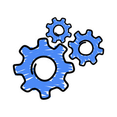 Blue hand draw wheels icon. Machine gears symbols