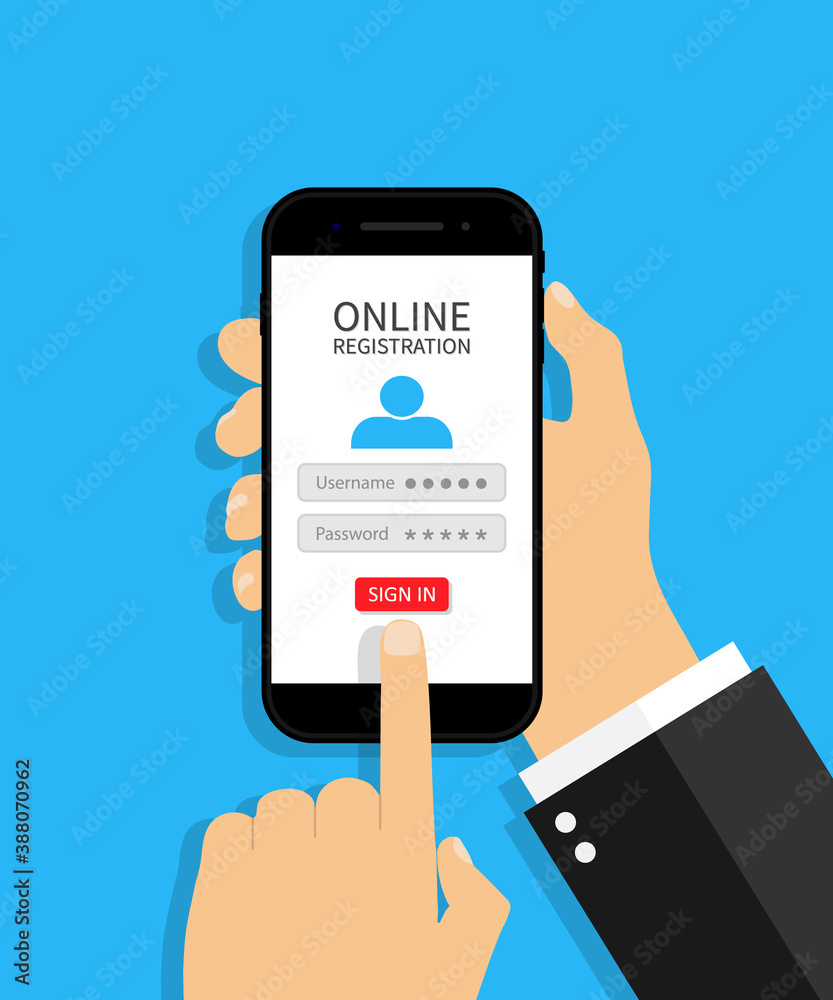 Poster registration account with login and password in mobile screen. phone in hand with log and username. 