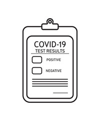 Form of covid report. Icon of medical test of covid 19. Outline clipboard of health insurance. Pad of registration coronavirus. Checklist with clip for record diagnostic result. Graphic icon. Vector