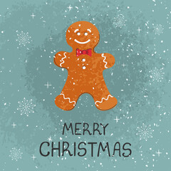 Vector modern greeting card colorful hand draw illustration of Christmas cookie man. Merry christmas. For design poster, card, banner, t-shirt print, invitation, greeting card, other graphic design