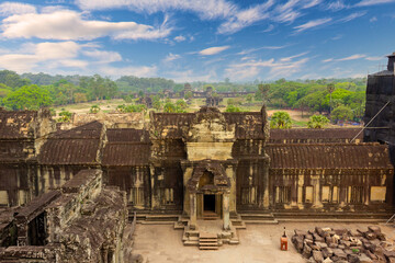 Perspective view on main complex of Angkor Wat, Siem Reap, Cambodia. Largest religious monument in the world. Khmer temple architecture