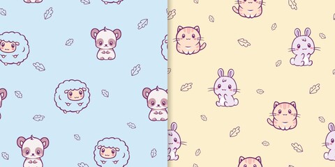 Anime kawaii animals seamless pattern. Cute lamb with red spots and mane small pink funny kitten with yellow fur smiling hare and blue bear pensive multicolor vector.