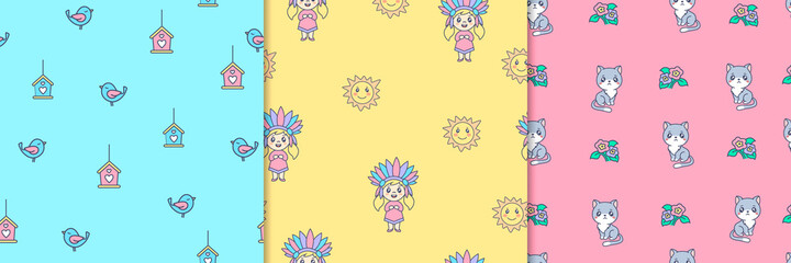 Kids summer sketches seamless pattern. Blue bird with pink birdhouse with heart Indian girl with purple green headdress and joyful yellow sun cute kitten with red vector roses.
