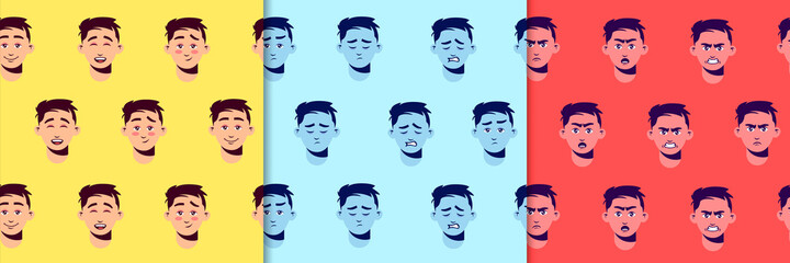 Emotions human characters seamless pattern. Smiling and funny male yellow faces distressed and embittered by problems grimaces on blue background angry red vector expressions.