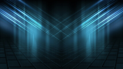 Dark abstract background. Empty dark street background at night. Spotlight reflects on the asphalt, blurry night lights. Smoke, fog. 
