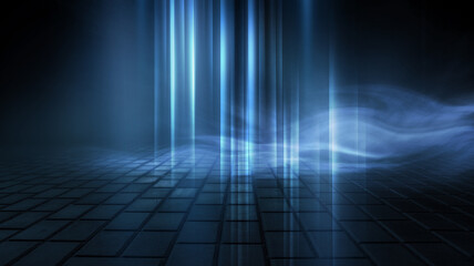 Dark abstract background. Empty dark street background at night. Spotlight reflects on the asphalt, blurry night lights. Smoke, fog. 