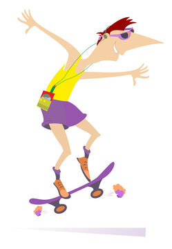 Skateboarding man isolated illustration. Cartoon smiling man in headphones is riding on a skateboard and listening the music on the portable digital music player isolated on white 