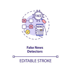 Fake news detectors concept icon. Bad informational sources. Lieing to society. AI application idea thin line illustration. Vector isolated outline RGB color drawing. Editable stroke
