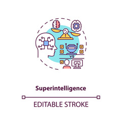 Superintelligence concept icon. Strong neural mind. High mind strength future computer. AI threats idea thin line illustration. Vector isolated outline RGB color drawing. Editable stroke