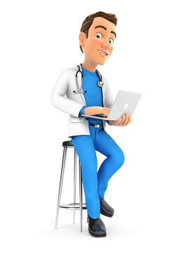 3d doctor sitting on stool with laptop