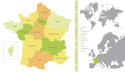 Detailed color vector map of 13 regions of France from 2016 with location on maps of the world and Europe