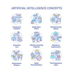 Artificial intelligence concept icons set. Ecommerce chatbots. Driverless cars. Future technologies idea thin line RGB color illustrations. Vector isolated outline drawings. Editable stroke