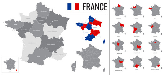Detailed vector map of regions of France with flag