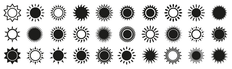 Sun and sunburst icons isolated set on white