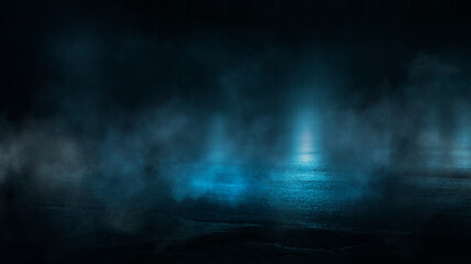 Dark abstract background. Empty dark street background at night. Spotlight reflects on the asphalt, blurry night lights. Smoke, fog. 