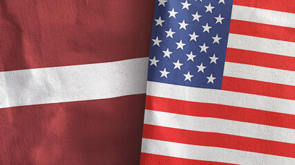 United States and Latvia two flags textile cloth 3D rendering
