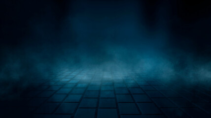 Dark abstract background. Empty dark street background at night. Spotlight reflects on the asphalt, blurry night lights. Smoke, fog. 