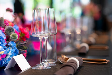 empty wine glasses set up on fine dining table