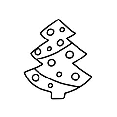 Hand drawn  doodle fir tree  with garland and balls isolated on white background. Conifer sketch. Vector illustration. Design for print, banner, greeting card