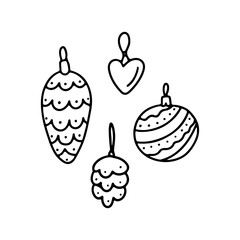 Hand drawn doodle set of Christmas tree toys isolated on white background. Vector outline illustration. Design for greeting card, placard, invitation, poster, coloring book