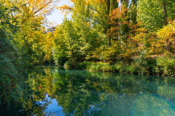 River Jucar in point of Jucar walkaway in an autumn and colorful day in Cuenca, Spain