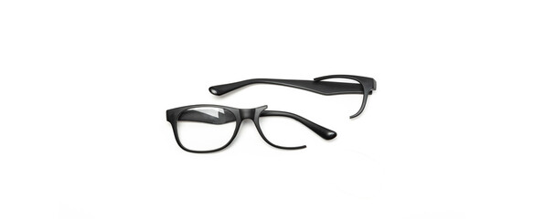 Black Broken Eyeglasses on Panorama White Background