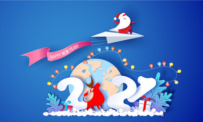 2021 New Year card design. Santa Claus and funny bull