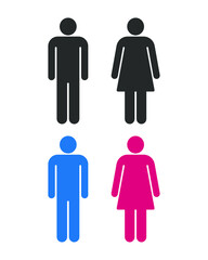 Man and woman avatar icon set. Male and female gender profile symbol. Men and women wc logo. Toilet and bathroom sign. Black silhouette isolated on white background. Vector illustration image.