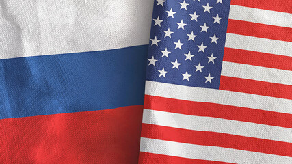 United States and Russia two flags textile cloth 3D rendering