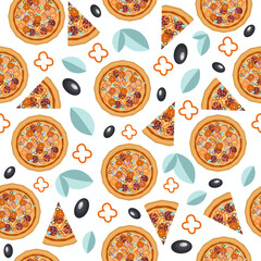 Seamless pattern delicious slice of pizza with tomatoes, peppers, olives and salami. Vector illustration in flat style on white background. View from above	