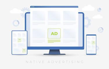 Native Advertising concept illustration. Programmatic targeting marketing. Desktop, Mobile smart phone and Tablet PC with advertising on the screen is successfully combined with content on the website