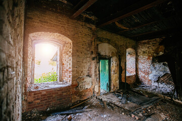 Interior of old historical mansion after fire