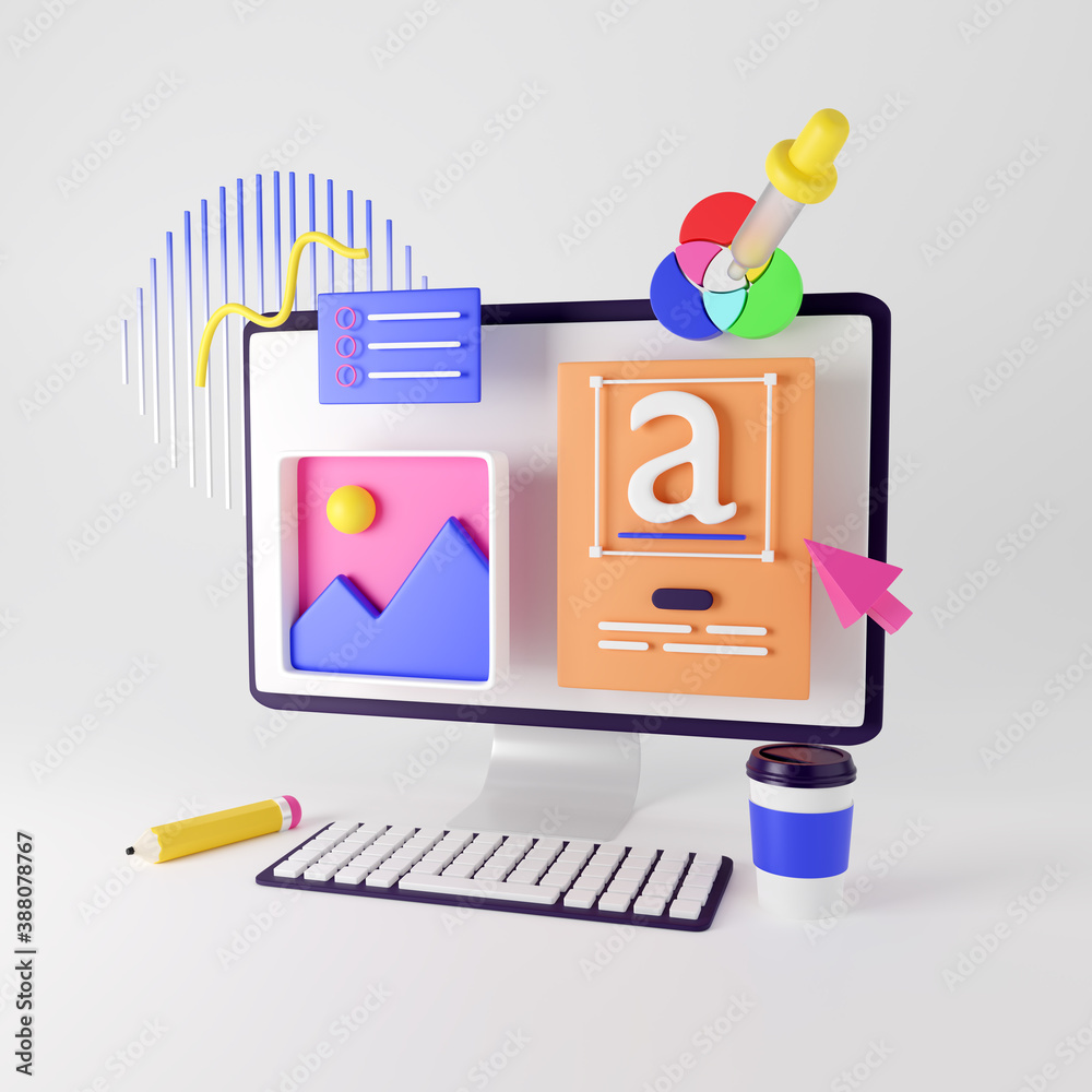 Wall mural web design development, design studio, creative process. 3d render