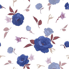 Vector floral seamless pattern with blue roses, chrysanthemums, and white jasmine
