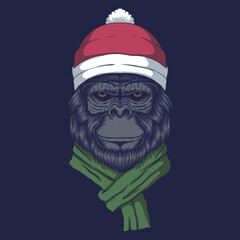 Gorilla wearing a santa hat for christmas vector illustration