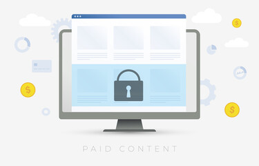 Paid Content vector illustration. Online internet paid content information - text on the news media, video, music, graphics, and downloads available only after payment. Pay After Reading (PAR) concept